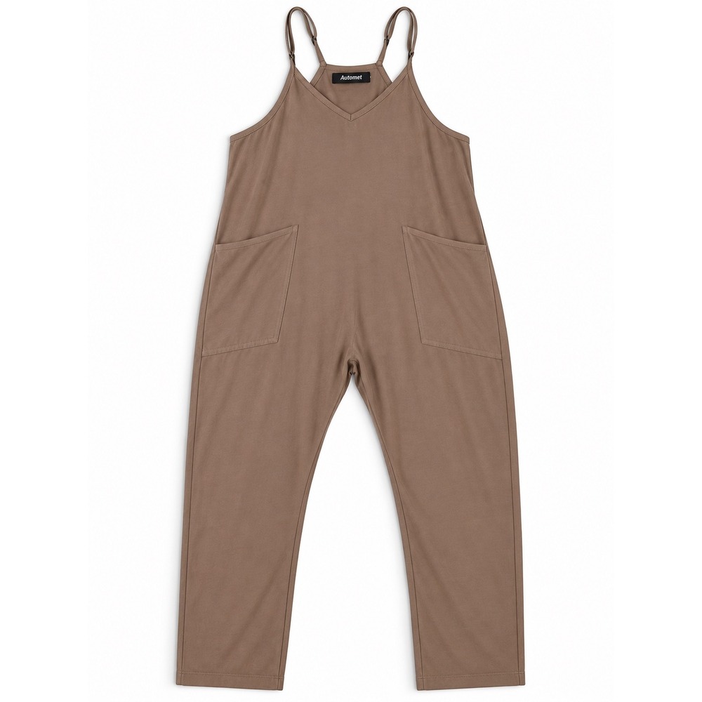 Automet Brown Harem Jumper Sleeveless Wide Leg Pocket Jumpsuit EZau112 Small